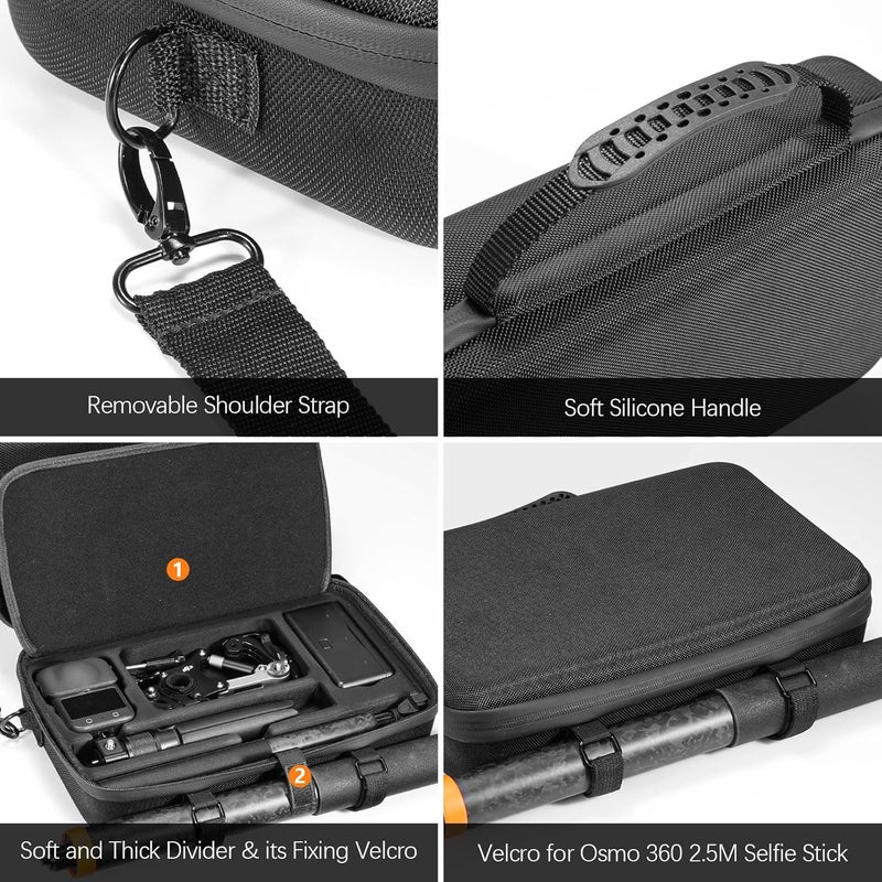 AMAZEAR Carrying Case for DJI Osmo 360 Accessories, Portable Nylon Osmo360 Action Camera Travel Bag with Shoulder Strap Fit 2.5M 8.2ft Selfie Stick (Black) - Image 4